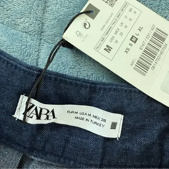 ZARA Pleated Dark Denim Raw Hem Cotton Skirt - Picture 5 of 6